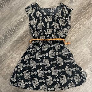 Short Sleeve Black Elephant Dress With Adjustable Brown Belt.